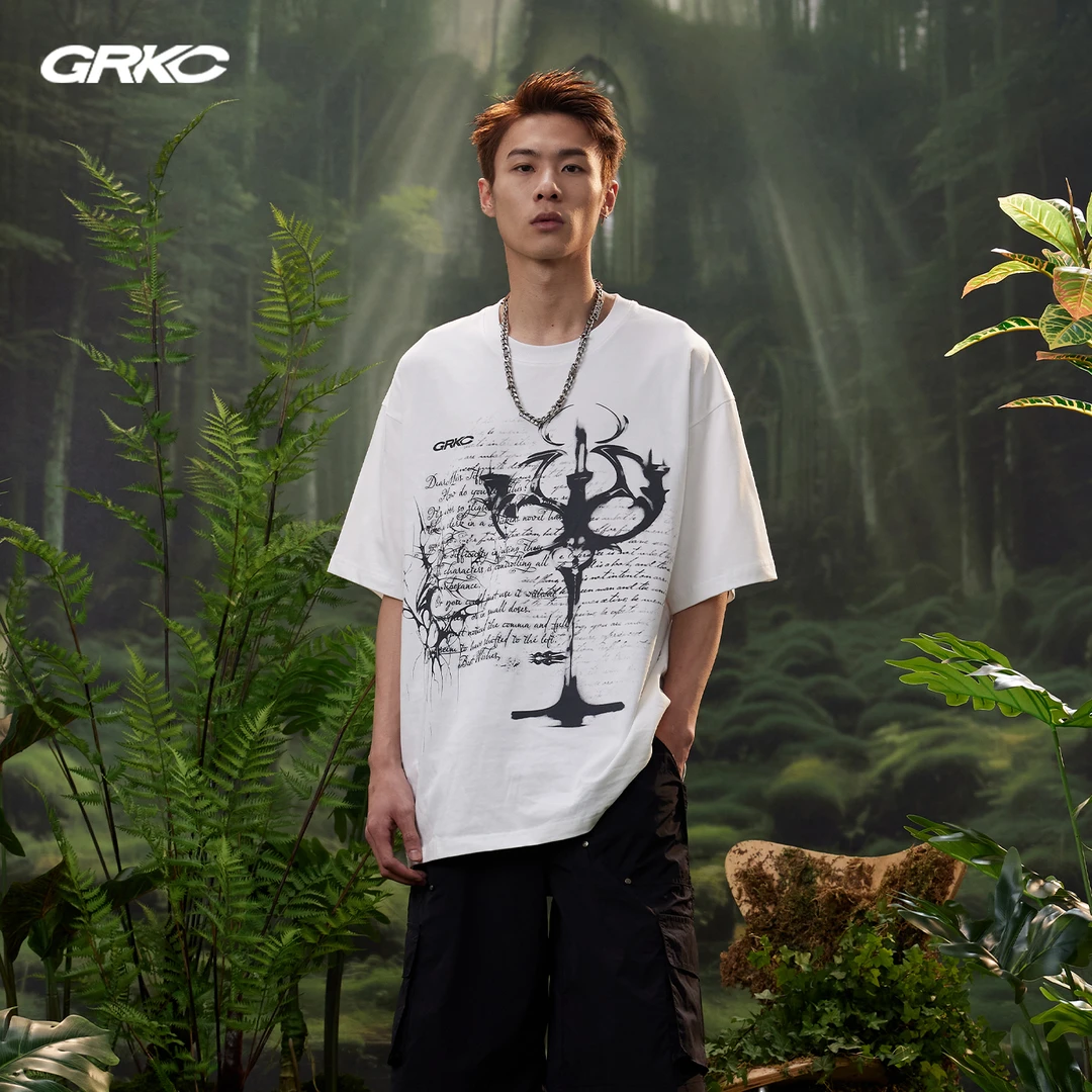 GRKC吉尔卡克 篇章短袖休闲印花圆领国潮t恤上衣街头百搭夏季宽松