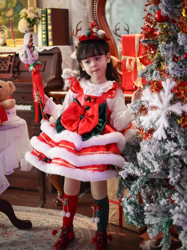 定制女童公主裙2024冬季新款节日圣诞卡通洋气礼服女宝宝连衣裙