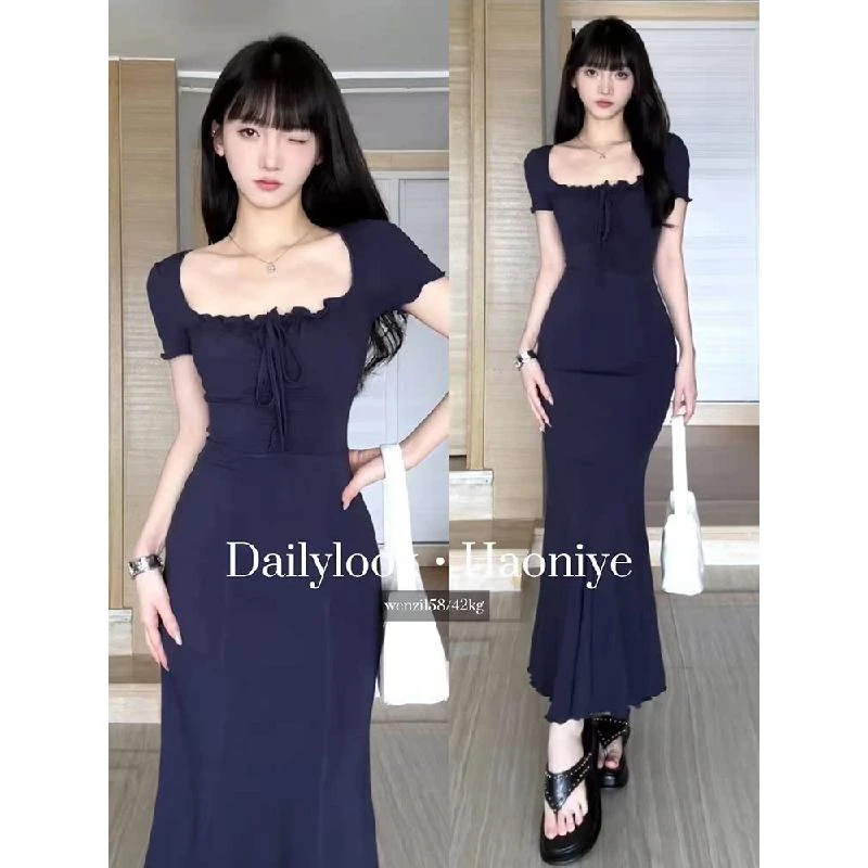 女夏季小个子辣妹修身收腰深蓝色连衣裙纯欲小妈风包臀鱼尾长裙