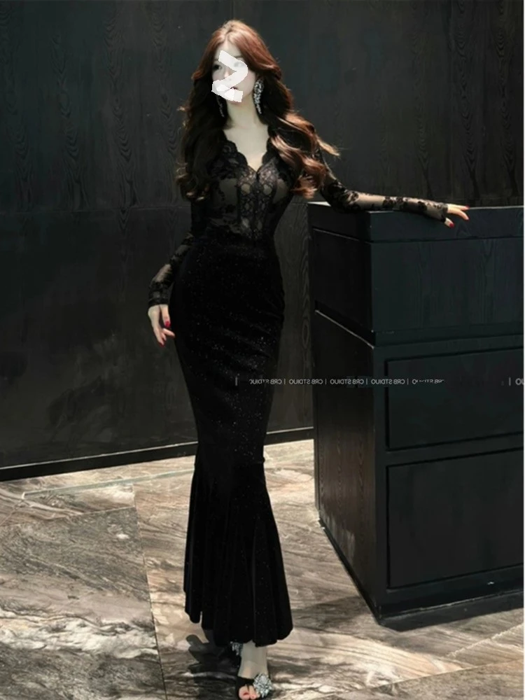 D191御姐风性感蕾丝v领上衣女修身包臀鱼尾半裙套装