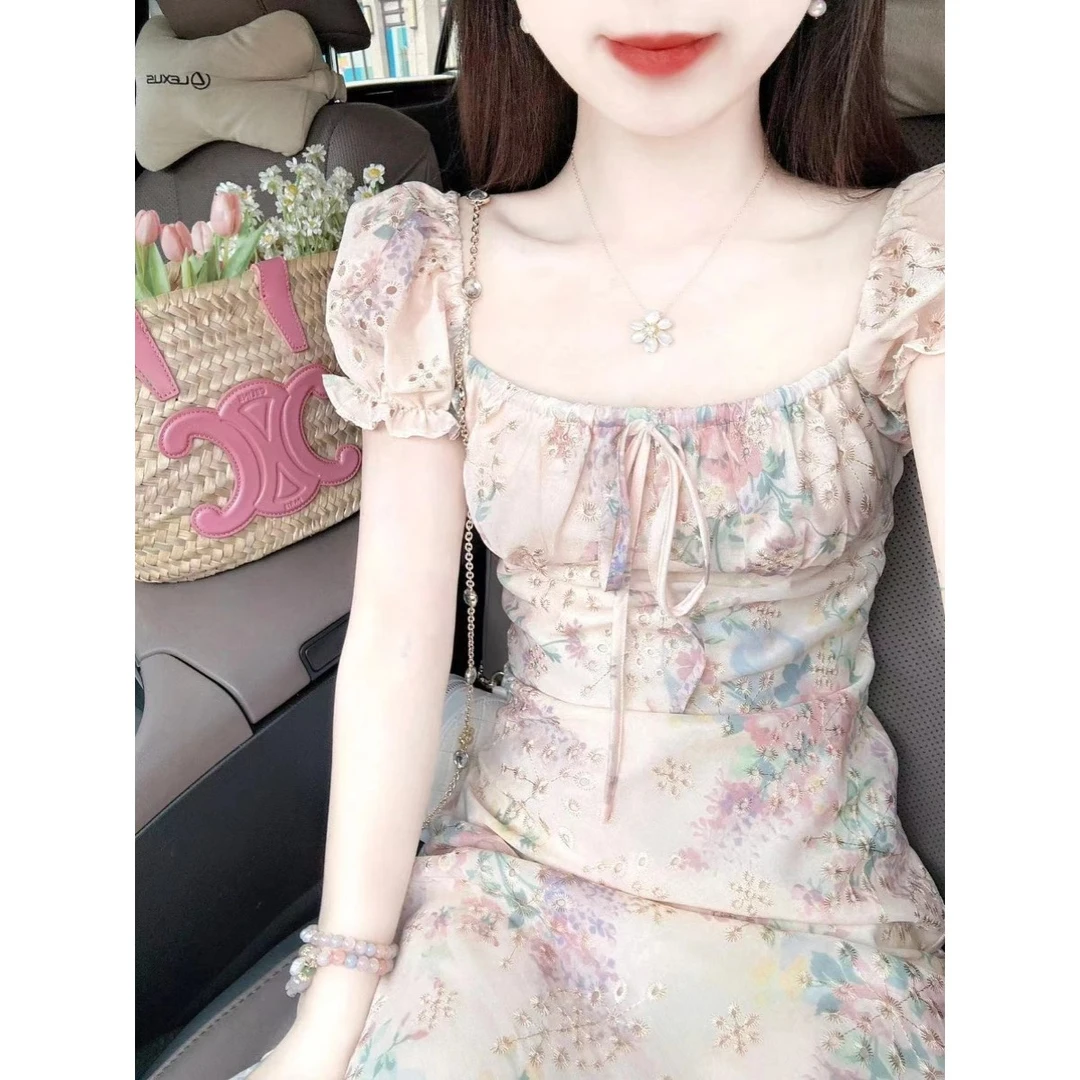 D055茶歇法式甜美连衣裙子女夏季2024新款温柔气质绣花收腰长裙子