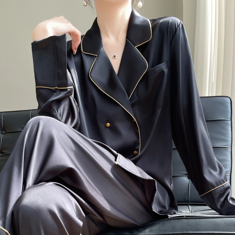 高级感黑色气质睡衣女士春秋长袖长裤家居服套装2023新款冰丝