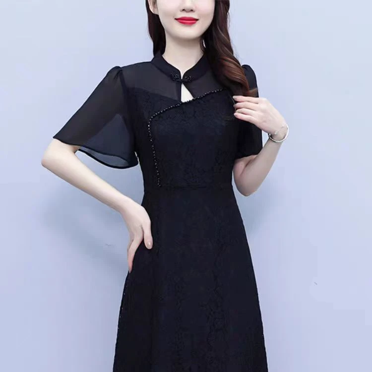 大码女夏装2024新款中国风新中式旗袍裙子高端蕾丝连衣裙遮肉减龄