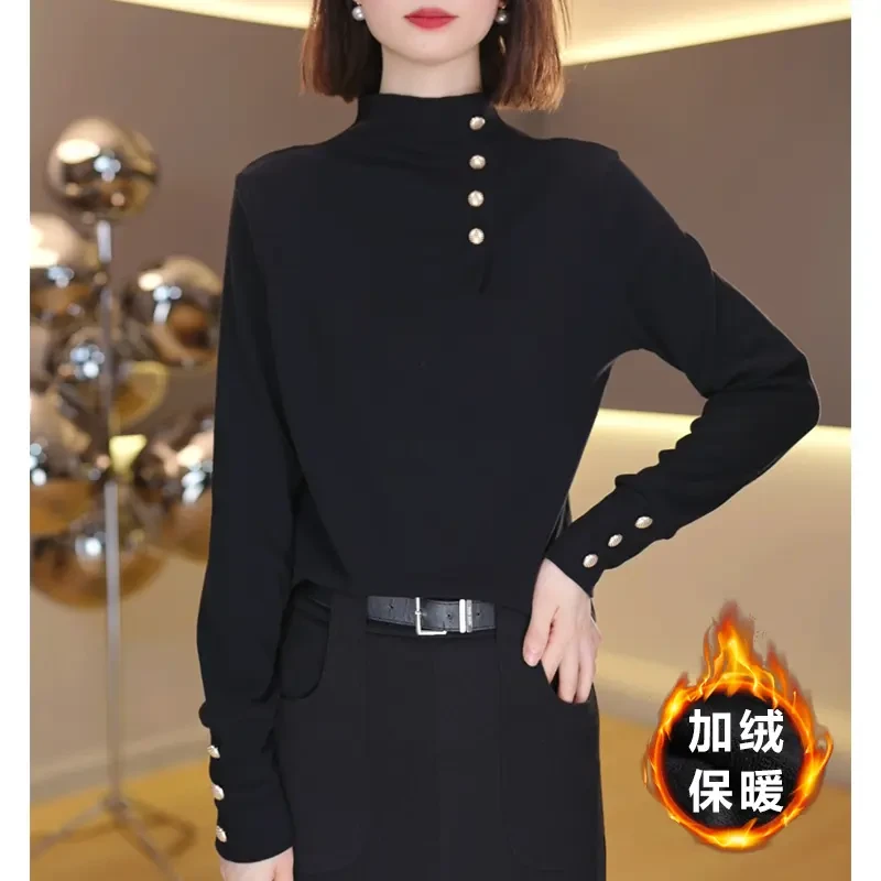 冬季新款加绒保暖打底衫女气质设计感上衣时尚百搭长袖T恤