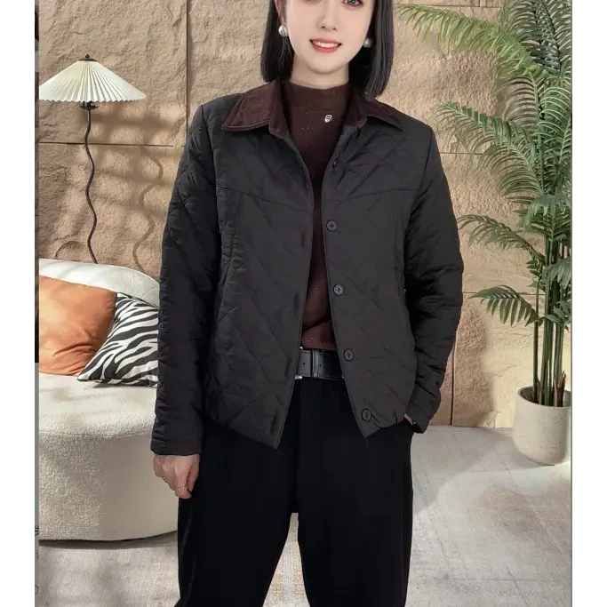 秋冬轻薄款棉衣夹棉时尚衬衫领上衣女显瘦打格菱格女棉衣气质外套