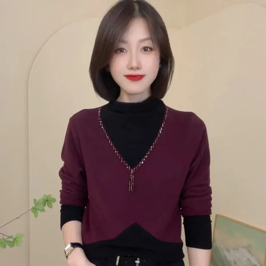 7366冬季新款加绒加厚拼色绒面时尚休闲T恤设计感气质女士小衫