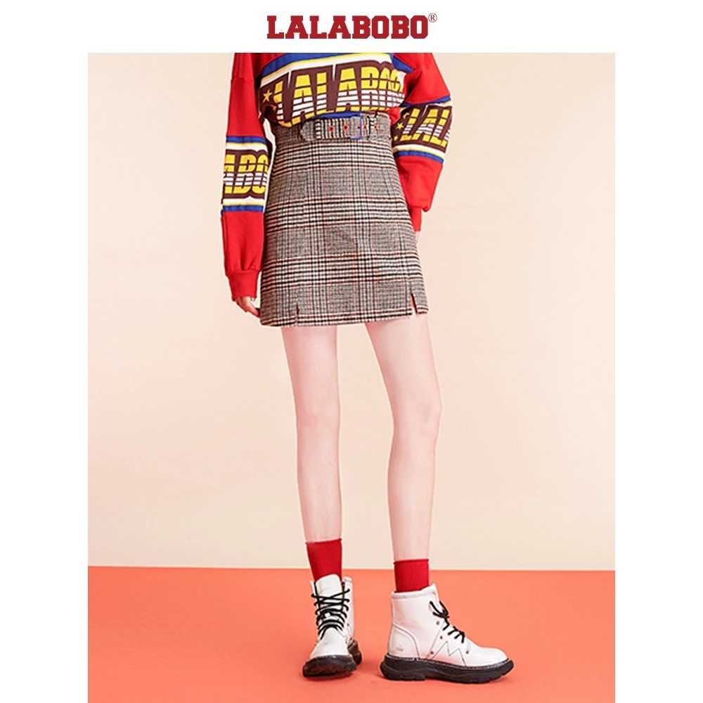 LALABOBO复古刺绣高腰系带西装半裙L20C-WXZQ13