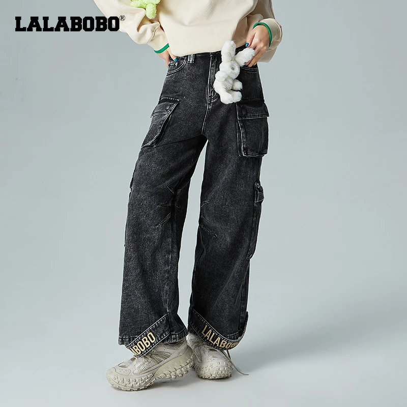 郑州LALABOBO秋高腰简约黑色高街复古水洗工装牛仔裤LBBC-WXZC30