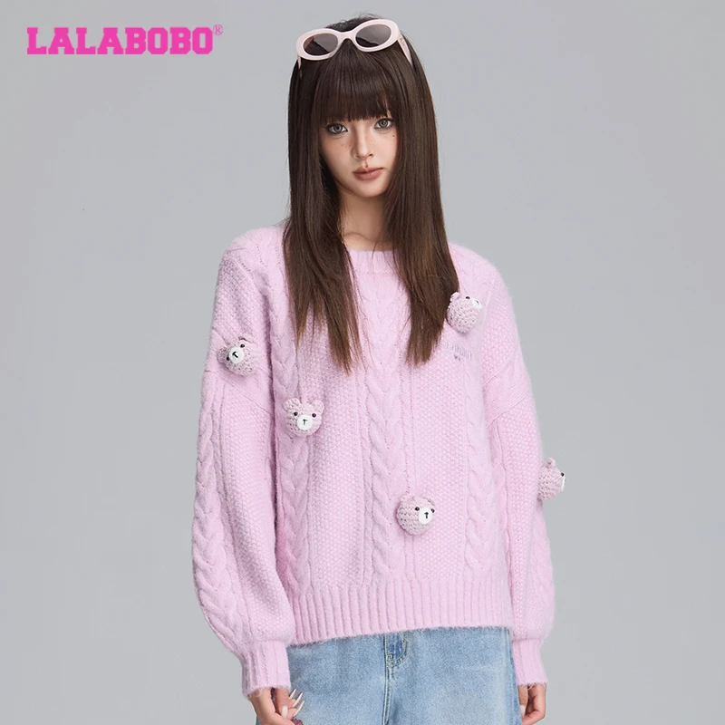 LALABOBO暖阳熊针织时尚百搭宽松立体小熊甜美毛织毛衣RBDC-TM33