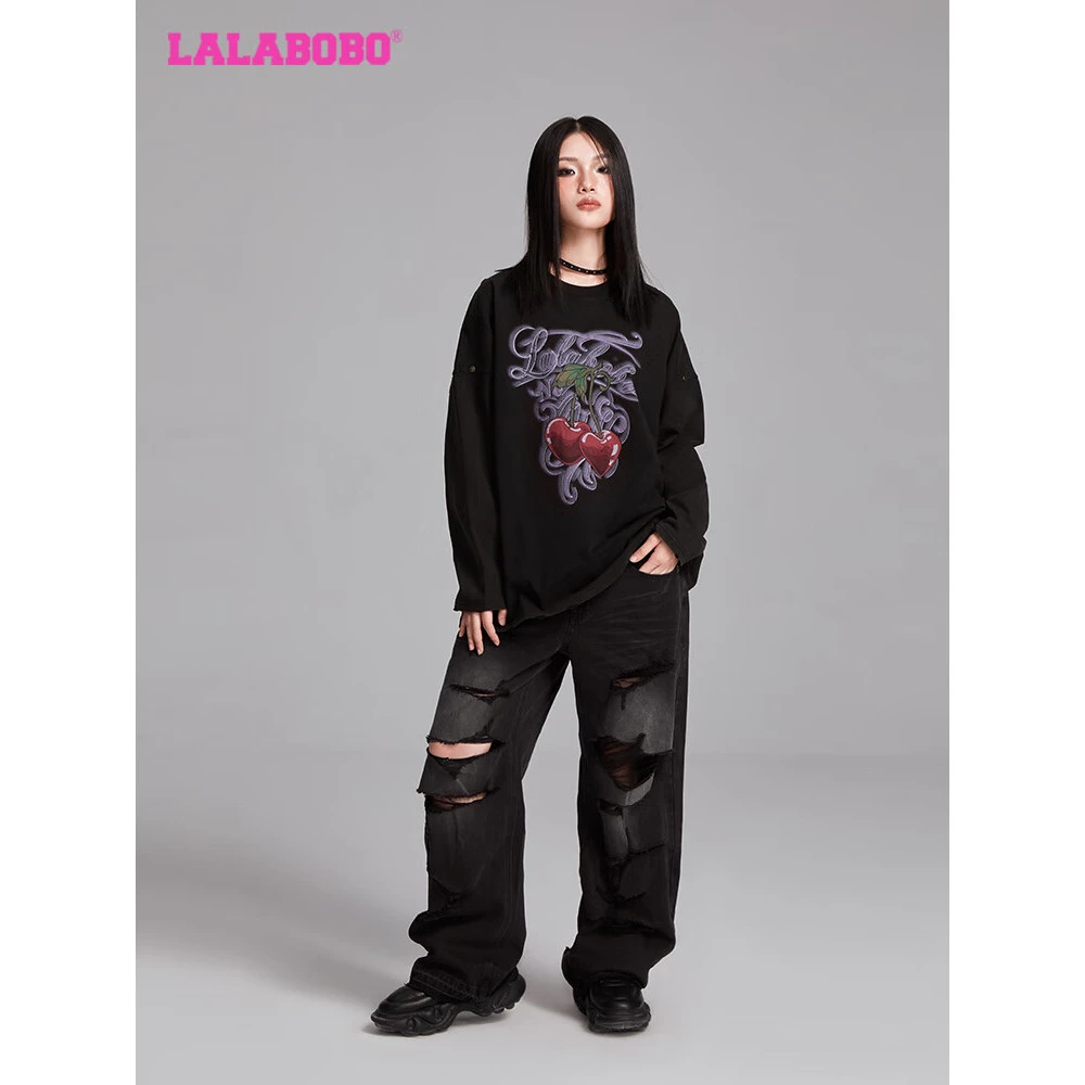 美式复古纯棉长袖t恤女24春秋新款破洞宽松打底衫LBDC-WSDT23