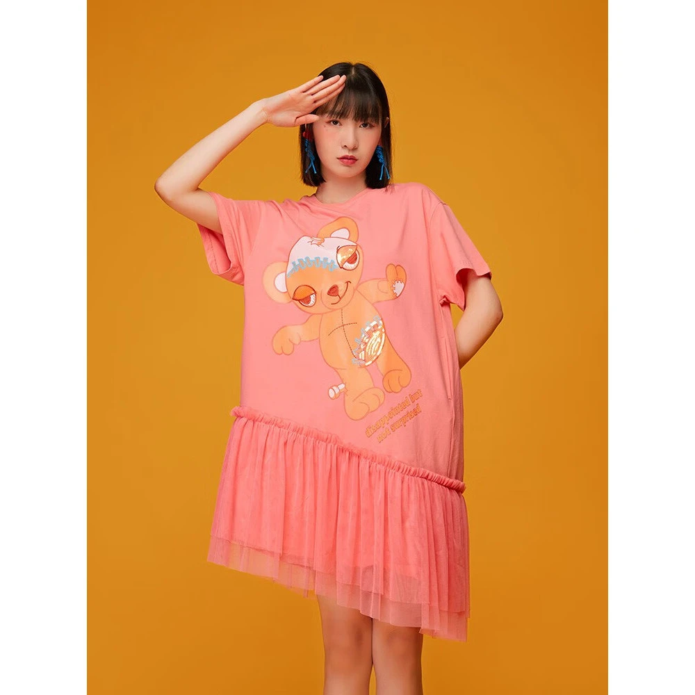 LALABOBO不规则网纱宽松显瘦减龄t恤裙L21E-WLZY29