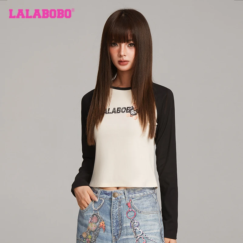 LALABOBO辣妹风长袖t恤显瘦修身多巴胺撞色短款RBDC-DT11