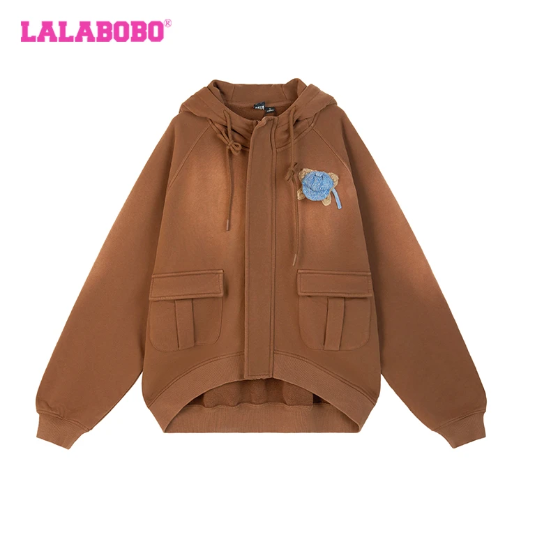 LALABOBO小熊短款时尚休闲百搭连帽秋冬复古针织上衣LBDC-WSTS18