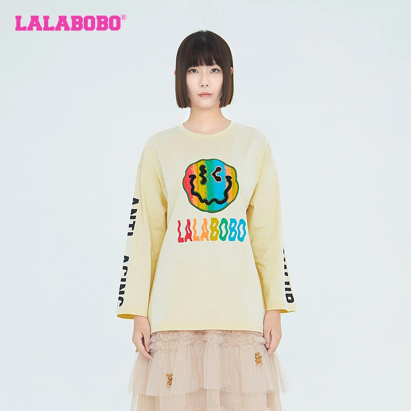 LALABOBO刺绣23秋季新品彩色线绣笑脸宽松圆领长袖T恤LBCC-WSDT23
