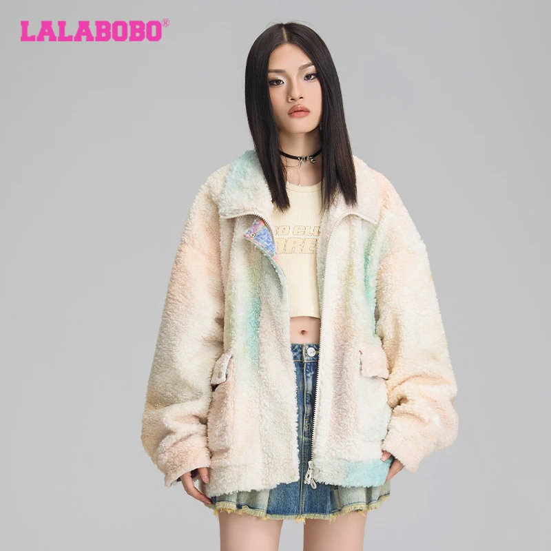 北京LALABOBO复古小丑渐变宽松情侣保暖休闲毛绒外套LBDC-WSDR12
