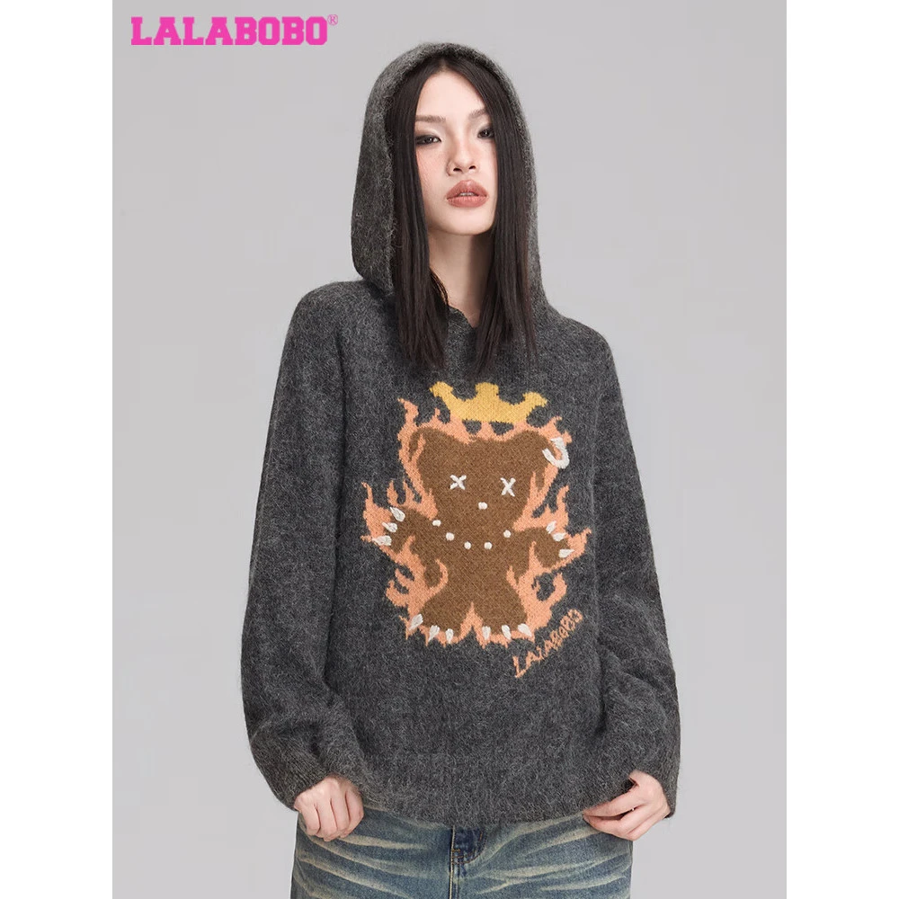 武汉LALABOBO羊毛混纺连帽毛衣火焰熊宽松针织套头衫LBDD-WSTM12