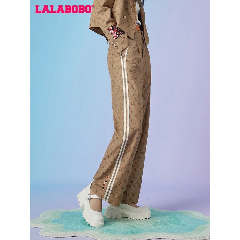 LALABOBO美拉德复古老花满印高腰休闲长裤CBBC-WXZC14