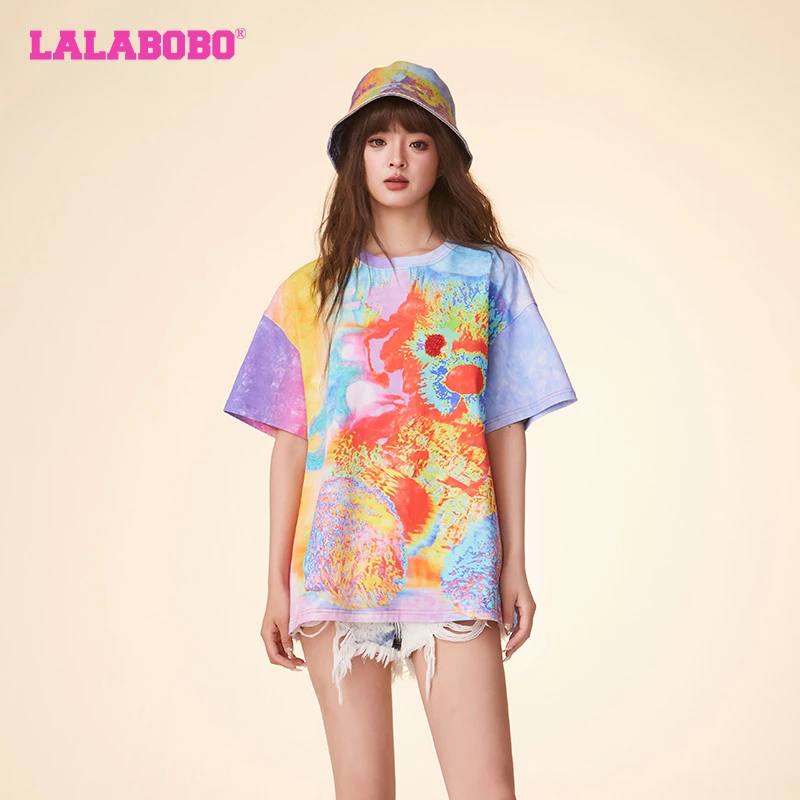 LALABOBO24春季新款透气扎染渐变满印印花T恤宽松热成像半袖情侣