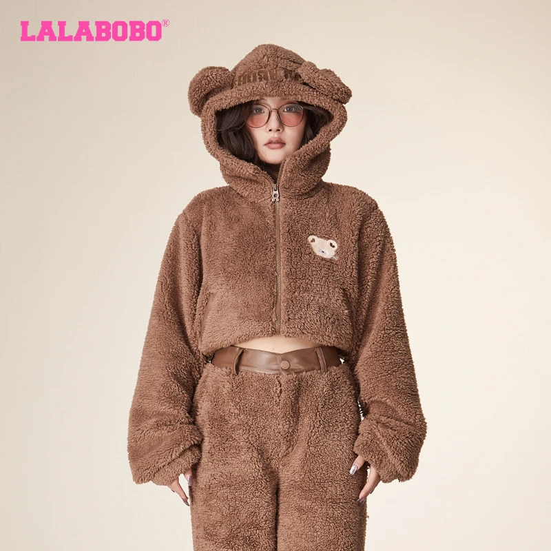 LALABOBO冬季原创芥末熊时尚休闲连帽加厚保暖毛绒女LBCD-WSDR13