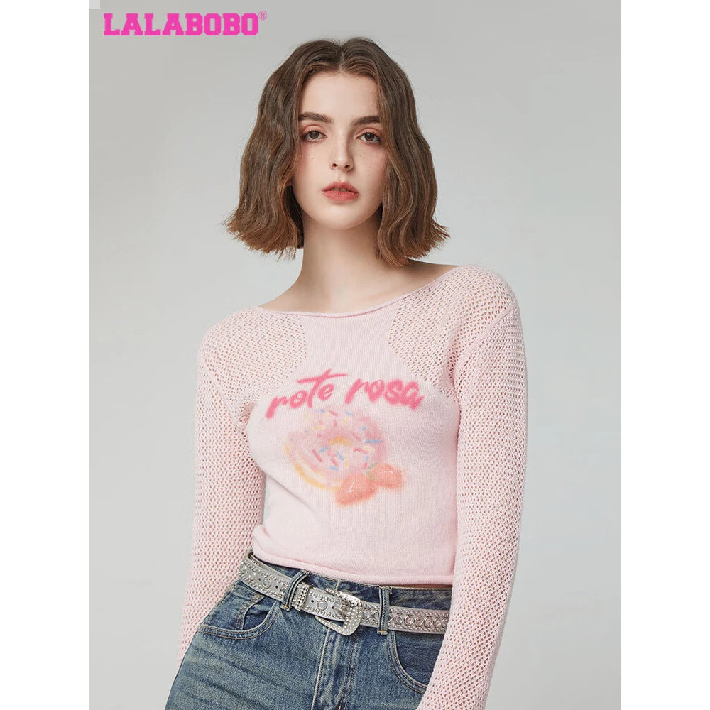 LALABOBO镂空毛织纯棉长袖针织女涂鸦修身短秋冬毛衣olRBDC-TM11