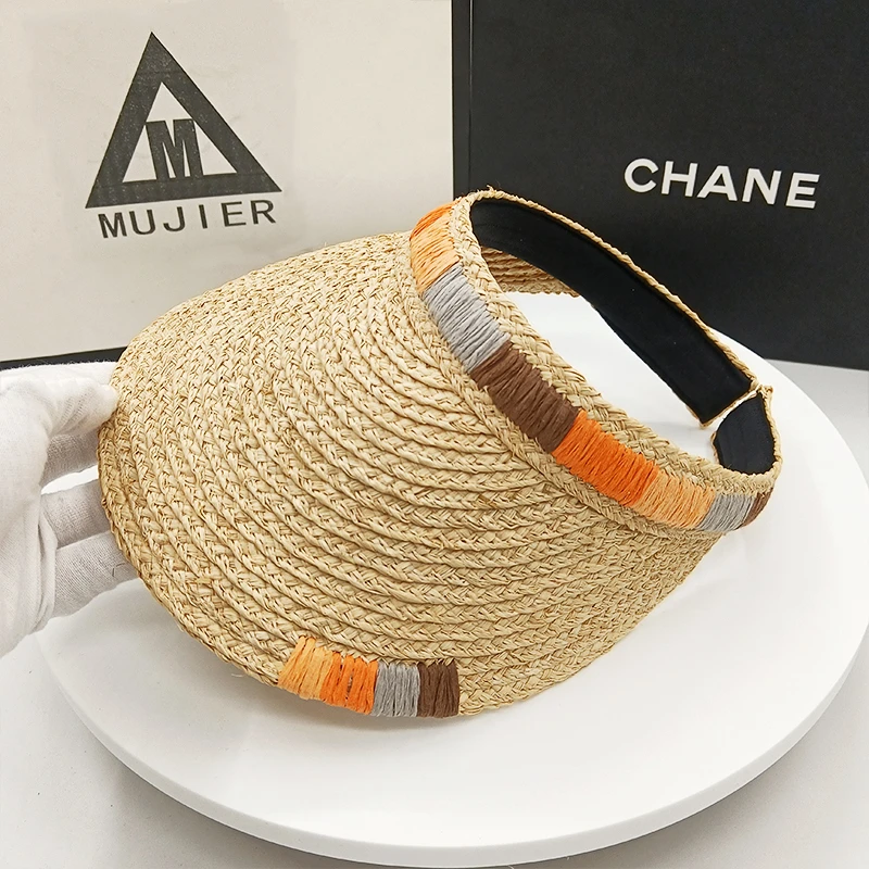 夏季小清新空顶拉菲草帽女户外发箍防晒防紫外线海边草编遮阳帽子