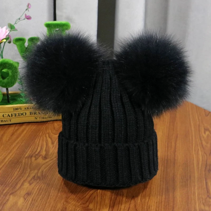 欧洲站ins双狐狸毛球帽子女冬儿童加厚保暖针织帽宝宝护耳毛线帽