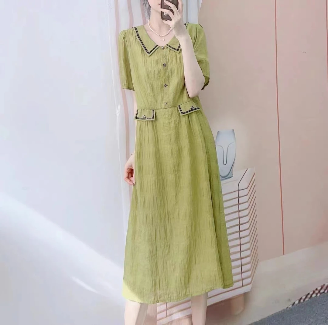 T1095显瘦气质时尚绿色夏季复古法式连衣裙