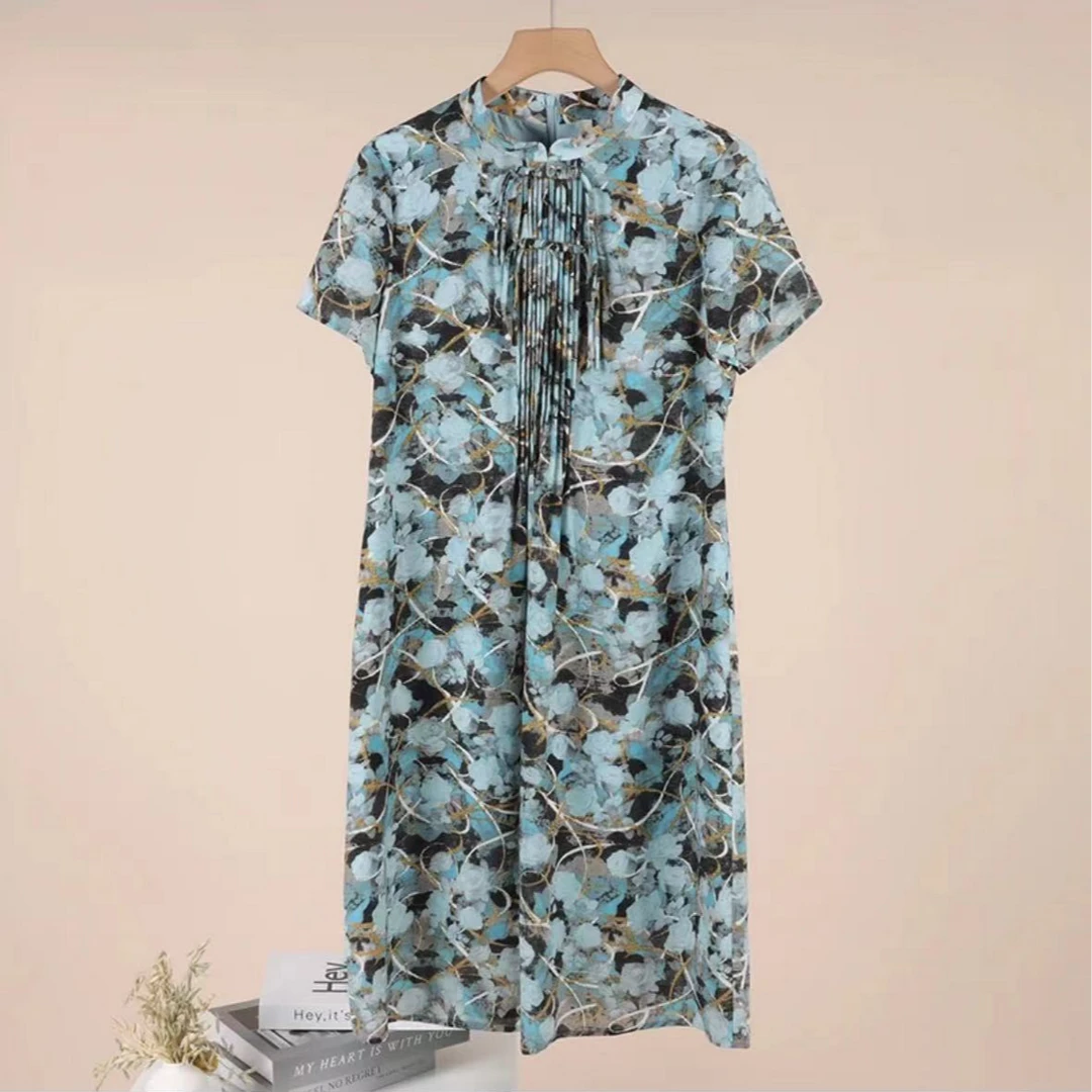 T1016夏季新款碎花圆领短袖中长款气质连衣裙