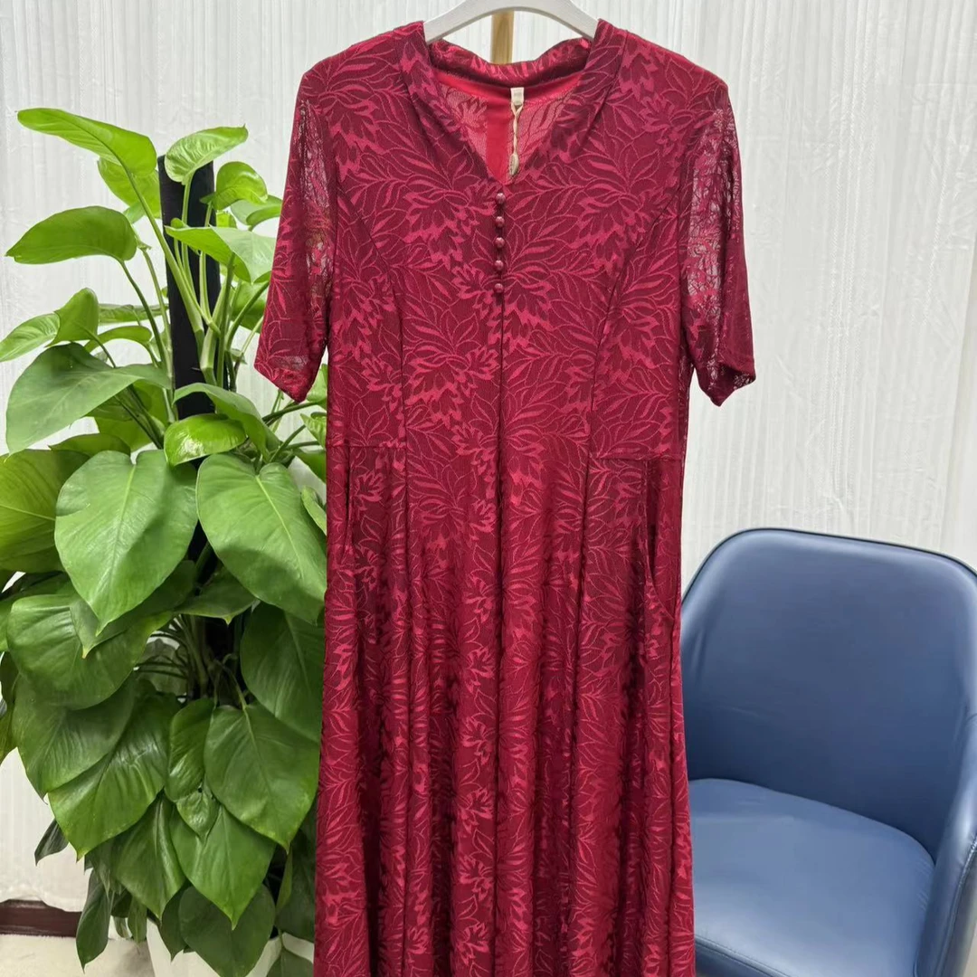 T1022新款气质百搭大码高弹力连衣裙显瘦时尚提花优雅长裙女