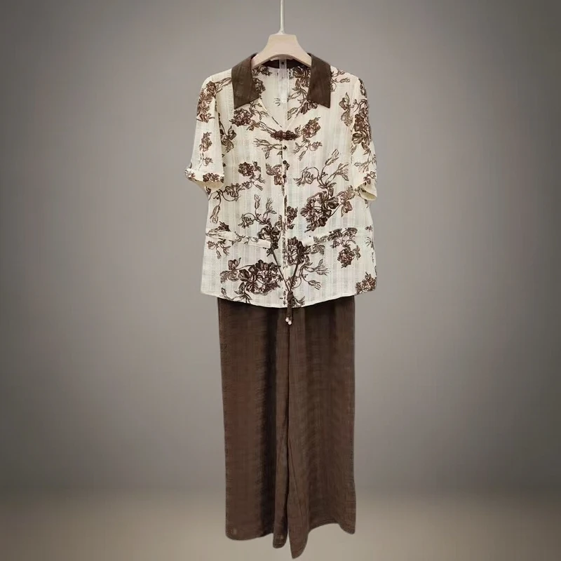 【Q333】2024夏季套装时尚休闲两件套印花上衣咖色阔腿裤女神范A-4