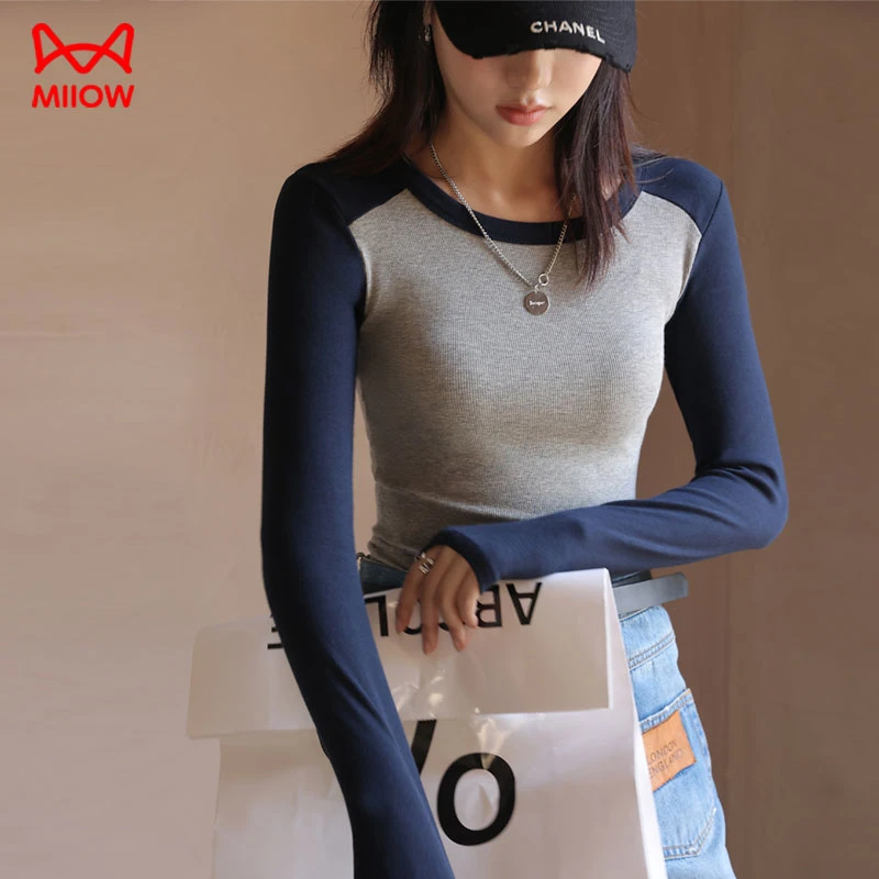 猫人秋季撞色拼接设计感打底衫修身显瘦百搭针织衫内搭长袖上衣女