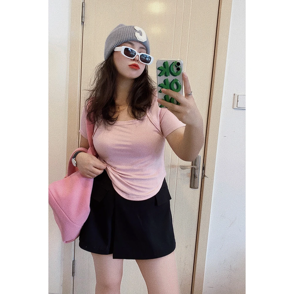 V 10523定制新款T恤短袖方圆领夏季上衣显瘦胖mm大码女装透气半袖