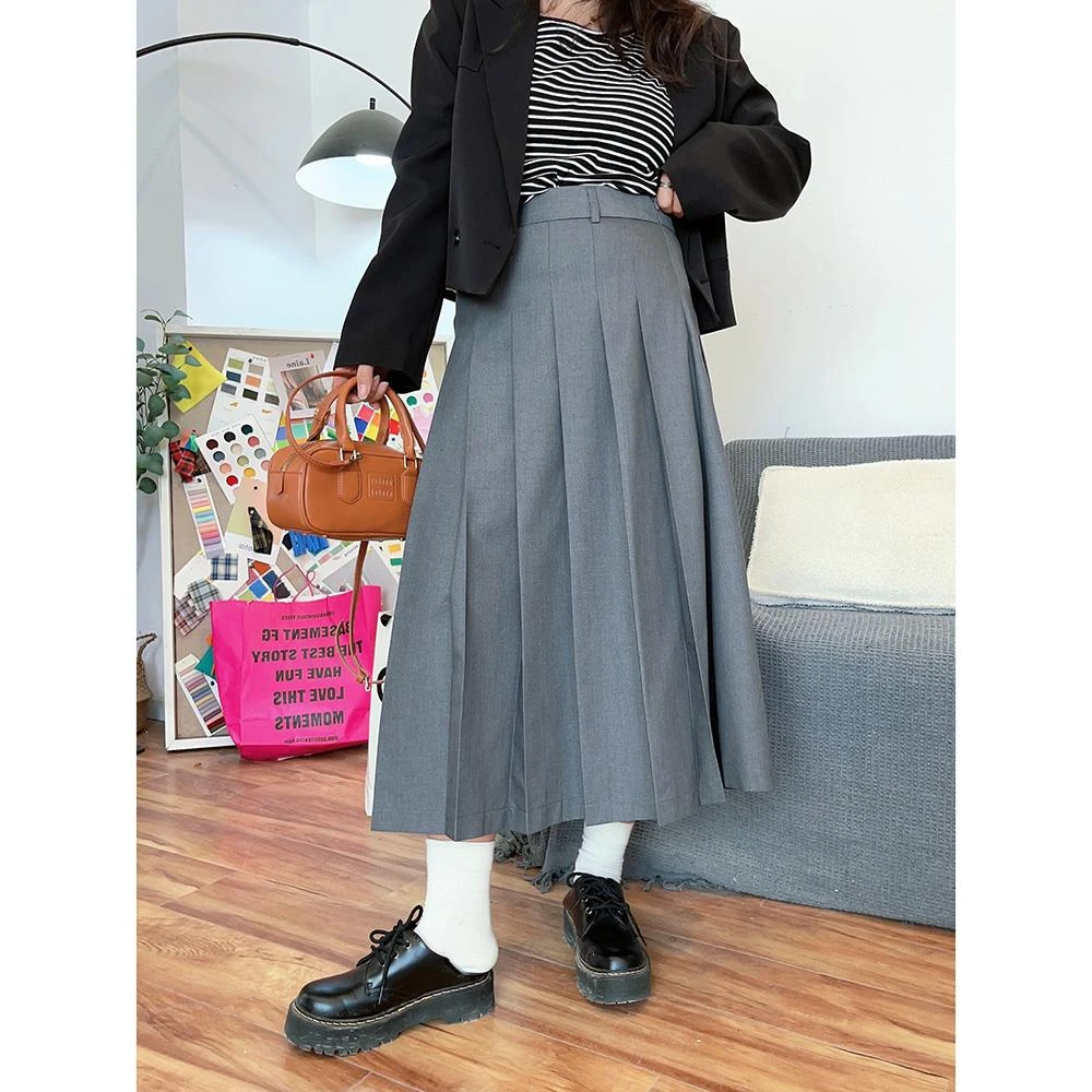 V N8857花边下大码女装胖mm春季新款通勤高腰A字中长款百褶半身裙