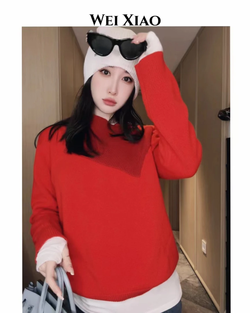 微笑家【红色拼接羊毛毛衣】