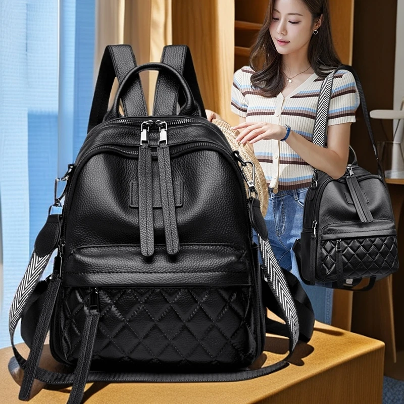 牛皮双肩包新款时尚优雅真皮女士双肩包牛皮菱格休闲背包单肩通勤