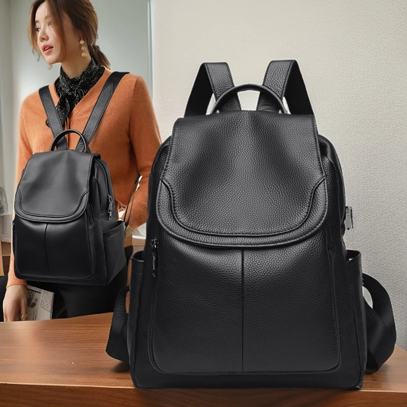 牛皮双肩包2025新款时尚简约真皮双肩包通勤外出休闲牛皮女士背包