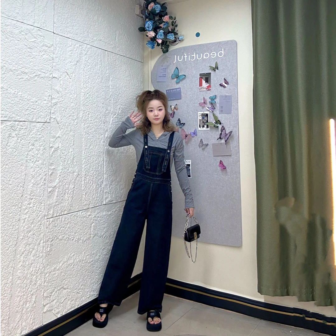 【YY】春款上新丹宁色牛仔直筒背带裤显瘦深色高腰吊带裤洋气阔腿