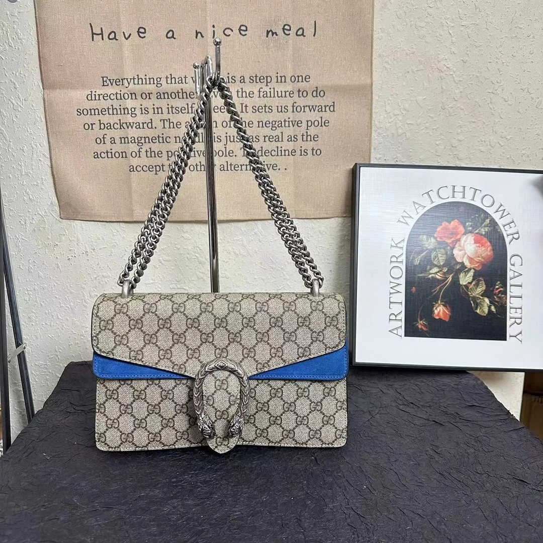 95新 GUCCI/古驰 古登中古/古驰酒神中号/老花蓝拼斜挎包/单肩包