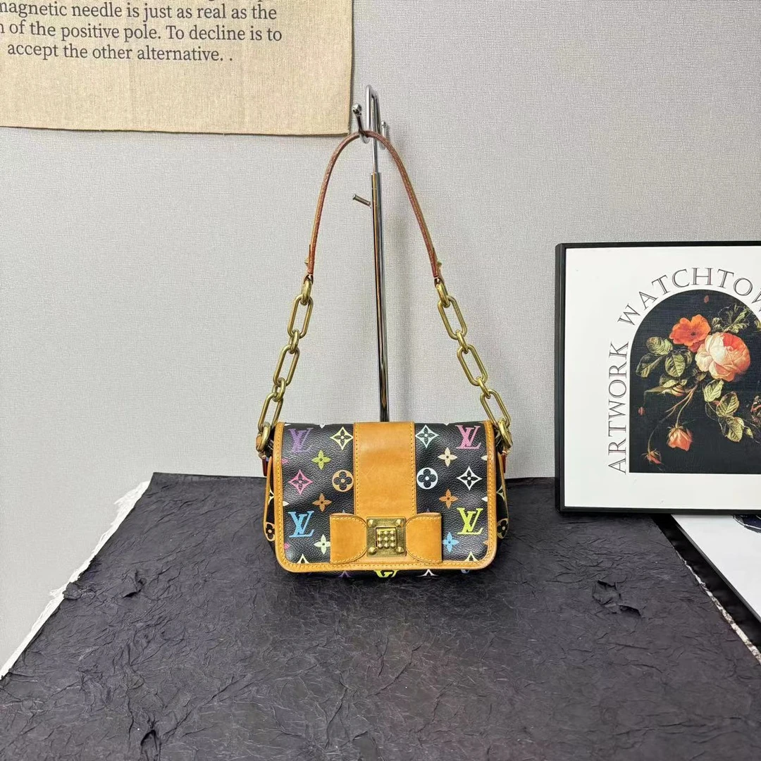 95新 LouisVuitton/路易威登 lv黑三彩蝴蝶结腋下包/单肩包手提包