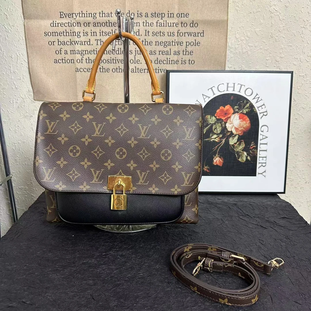 95新 LouisVuitton/路易威登 lv锁头包/黑色拼老花斜挎包/手提包