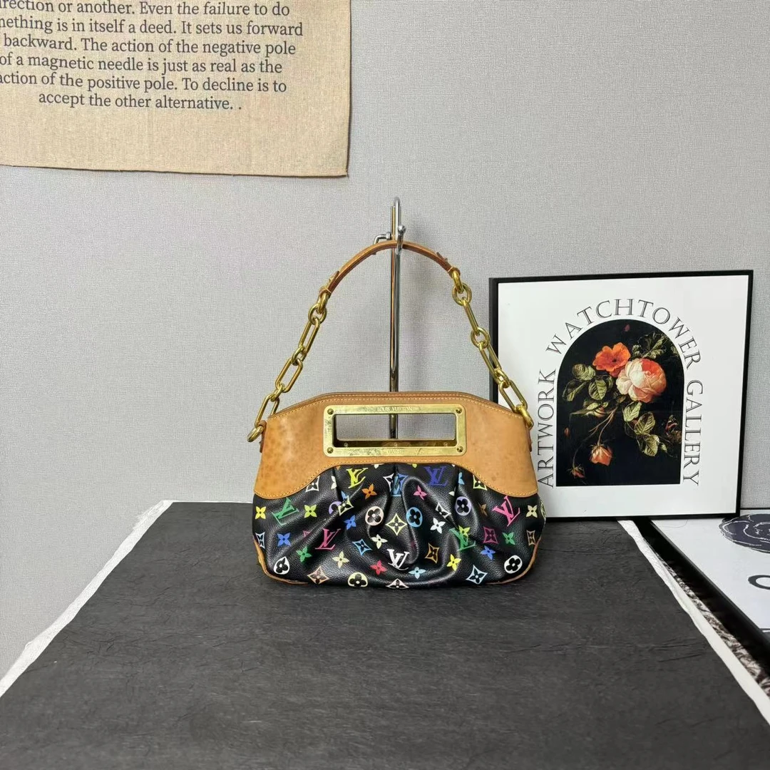 95新 LouisVuitton/路易威登 lv黑三彩小朱迪包/单肩包手提腋下包