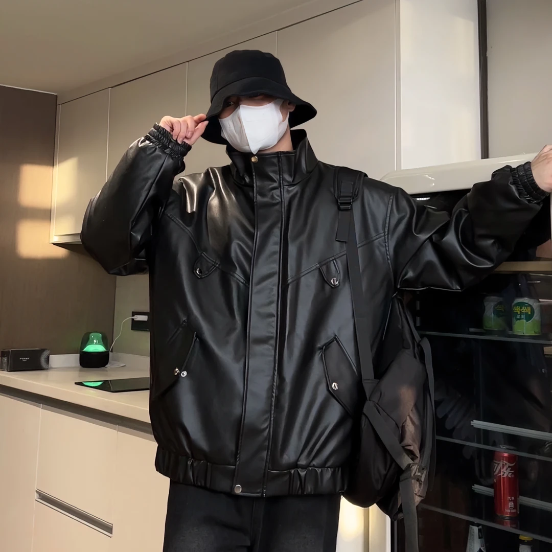 2025春秋新款皮衣休闲运动情侣装机车服宽松上衣复古男女同款百搭