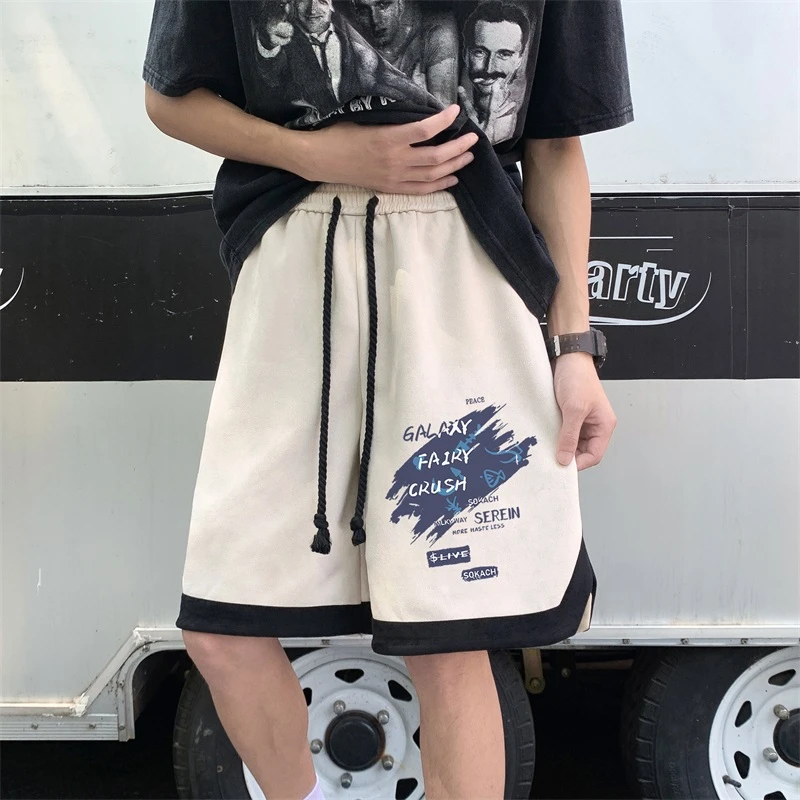 夏季新款重磅印花鹿皮绒短裤潮潮牌ins外穿美式直筒百搭运动休闲