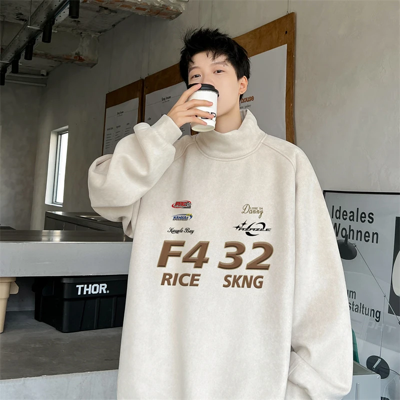 春秋新款百搭宽松韩版时尚潮流港风麂皮绒半高领卫衣长袖ins套头