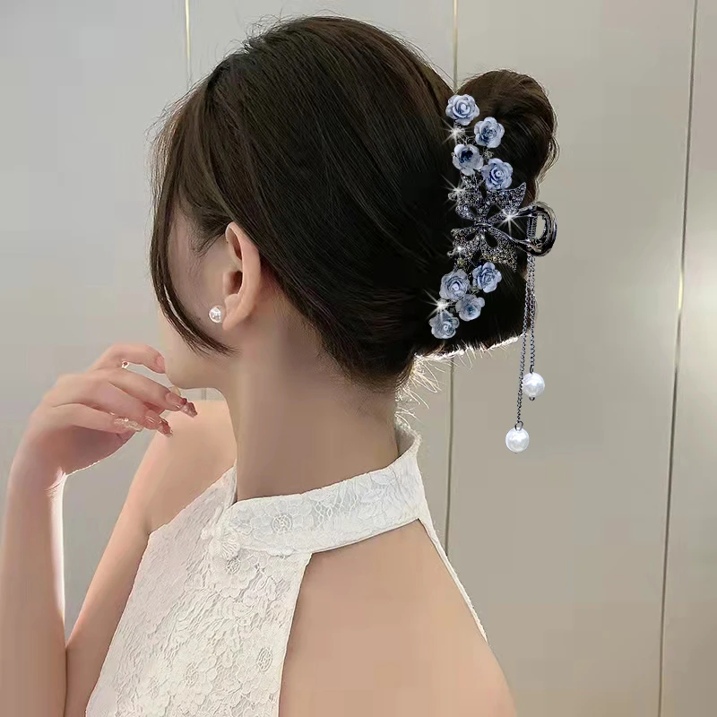 抓夹大号玫瑰花水钻流苏发夹新款后脑勺盘发夹气质鲨鱼夹子头饰夹