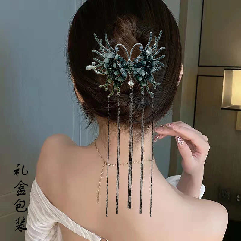 ODF复古蝴蝶流苏扣夹气质时尚水钻青蛙夹高级感扭扭发夹超仙头饰
