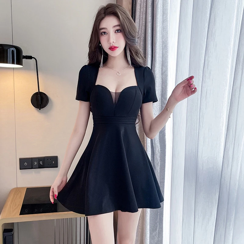 夜总店性感连衣裙短款遮肚子显瘦短裙网纱透视低胸装夜场上班衣服