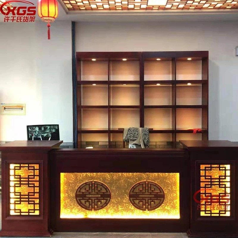 饭店吧台收银台带酒柜组合实木复古餐厅酒店美容院仿古前台接待台