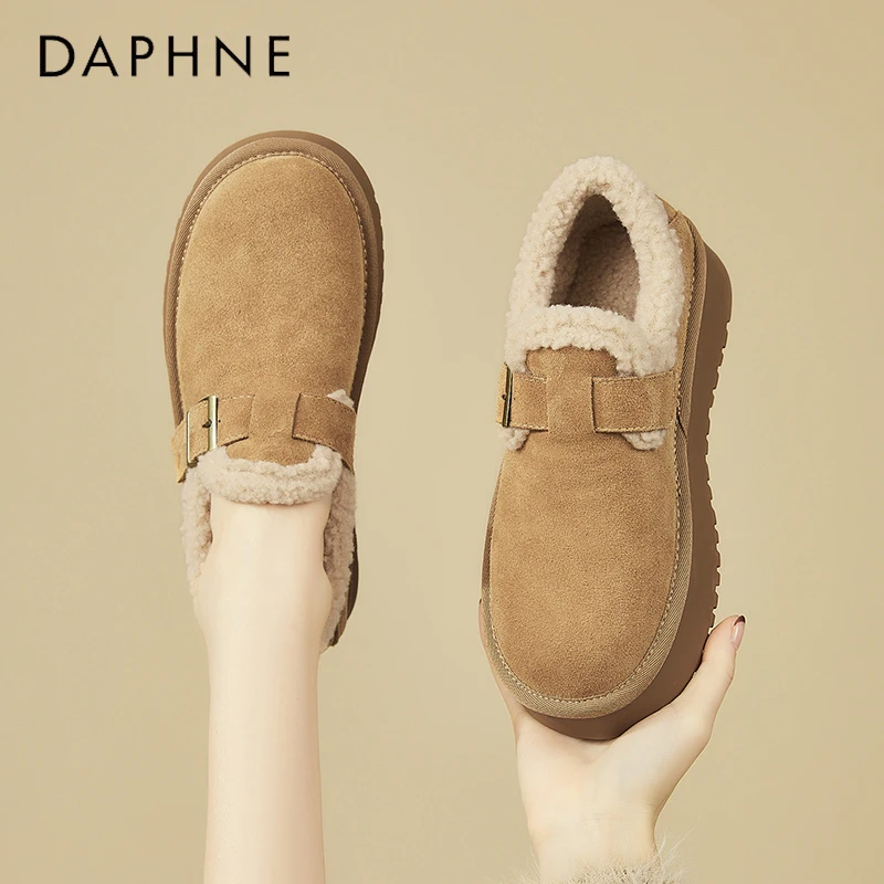 达芙妮厚底加绒全包勃肯鞋女雪地靴2025冬季新款真皮保暖毛毛棉鞋