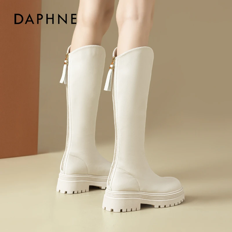 达芙妮时尚V口长筒靴女百搭小个子弹力靴2025秋冬加绒高筒骑士靴